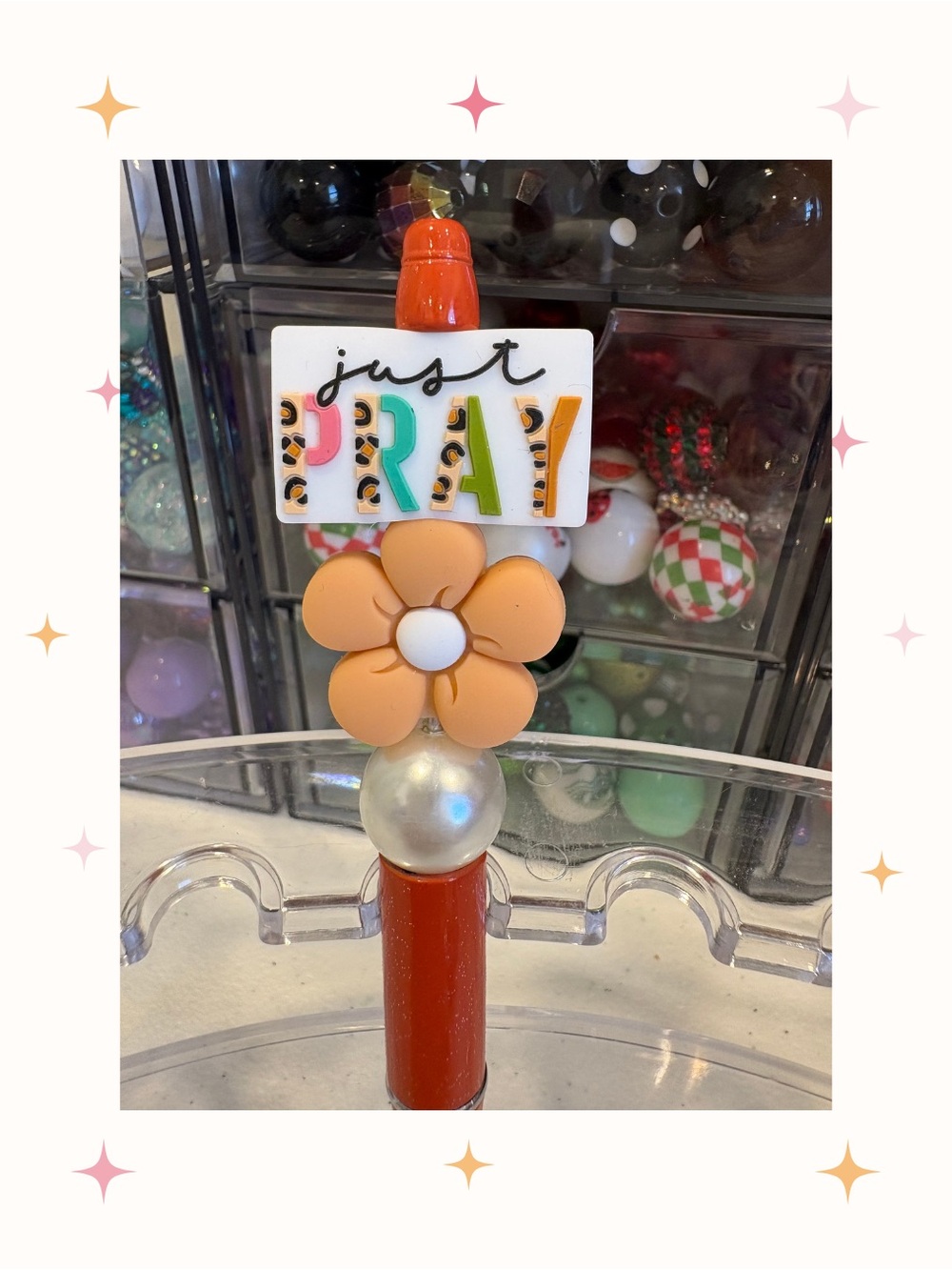 Handcrafted just Pray Beaded Pen Orange Flower Accent